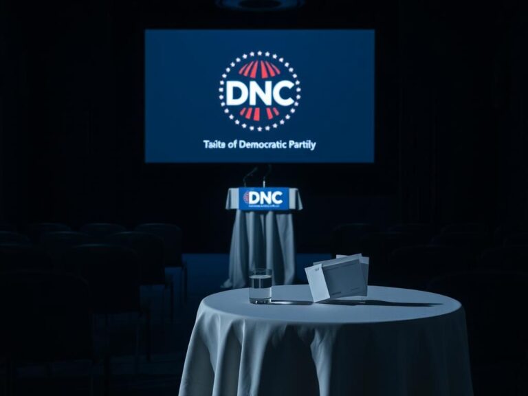 Flick International Dimly lit fundraising event with empty chairs and a podium displaying Democratic Party banner