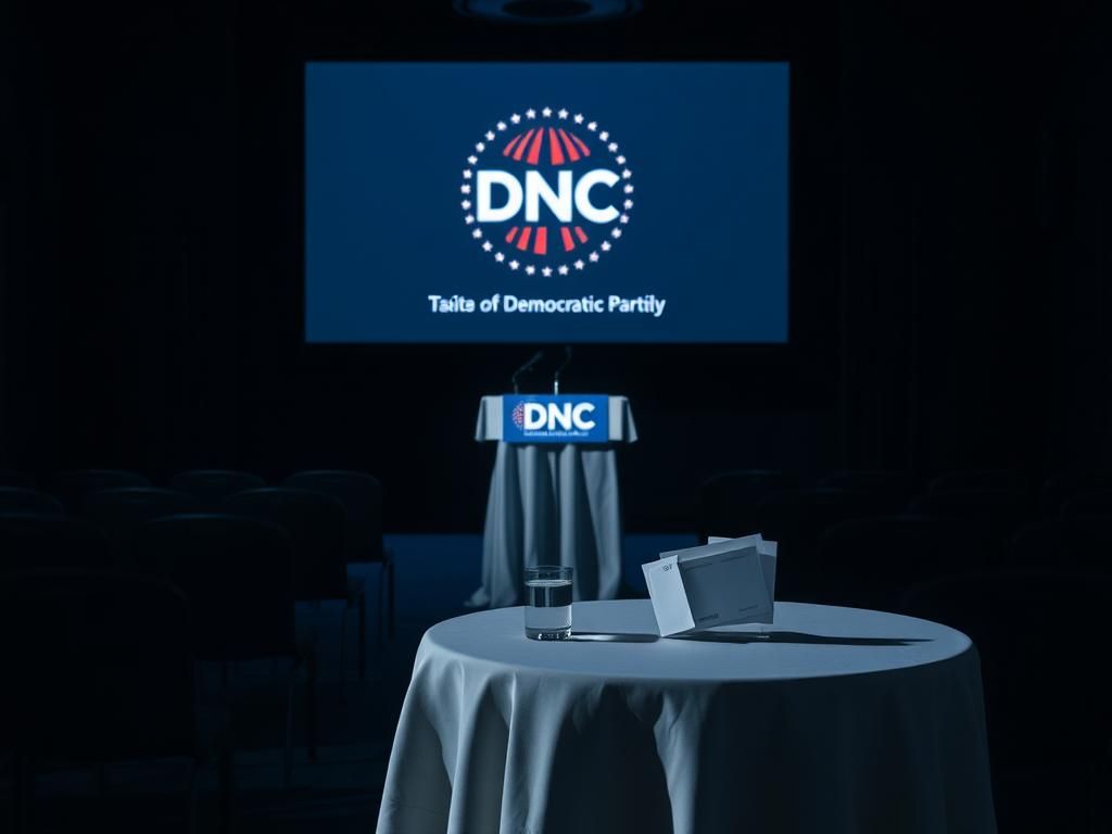 Flick International Dimly lit fundraising event with empty chairs and a podium displaying Democratic Party banner