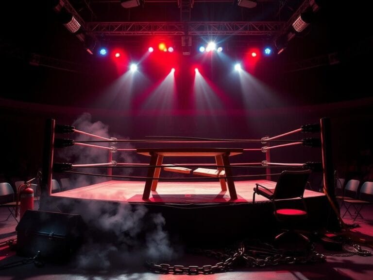 Flick International Dramatic wrestling ring in a dark arena with scattered weapons from a hardcore match