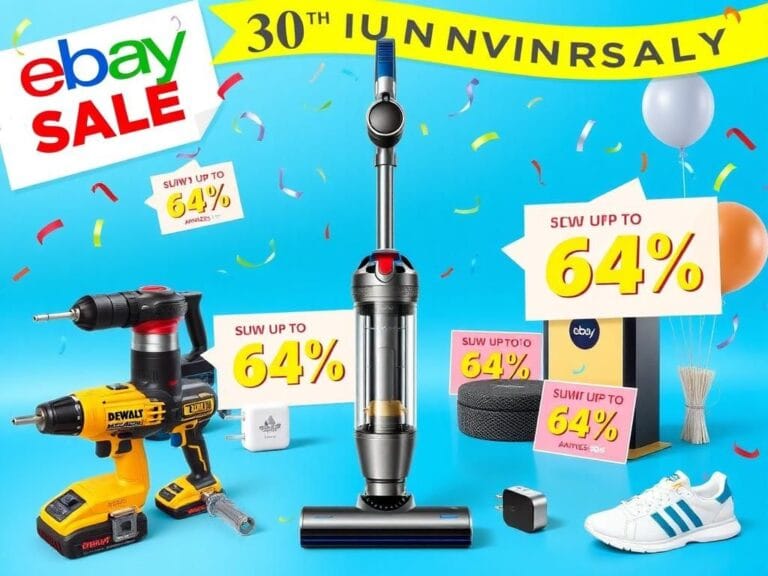 Flick International A vibrant collage of top-brand products on sale for eBay's 30th anniversary featuring a Dyson vacuum, DeWalt tool, Anker charger, and Adidas shoes amidst colorful banners.
