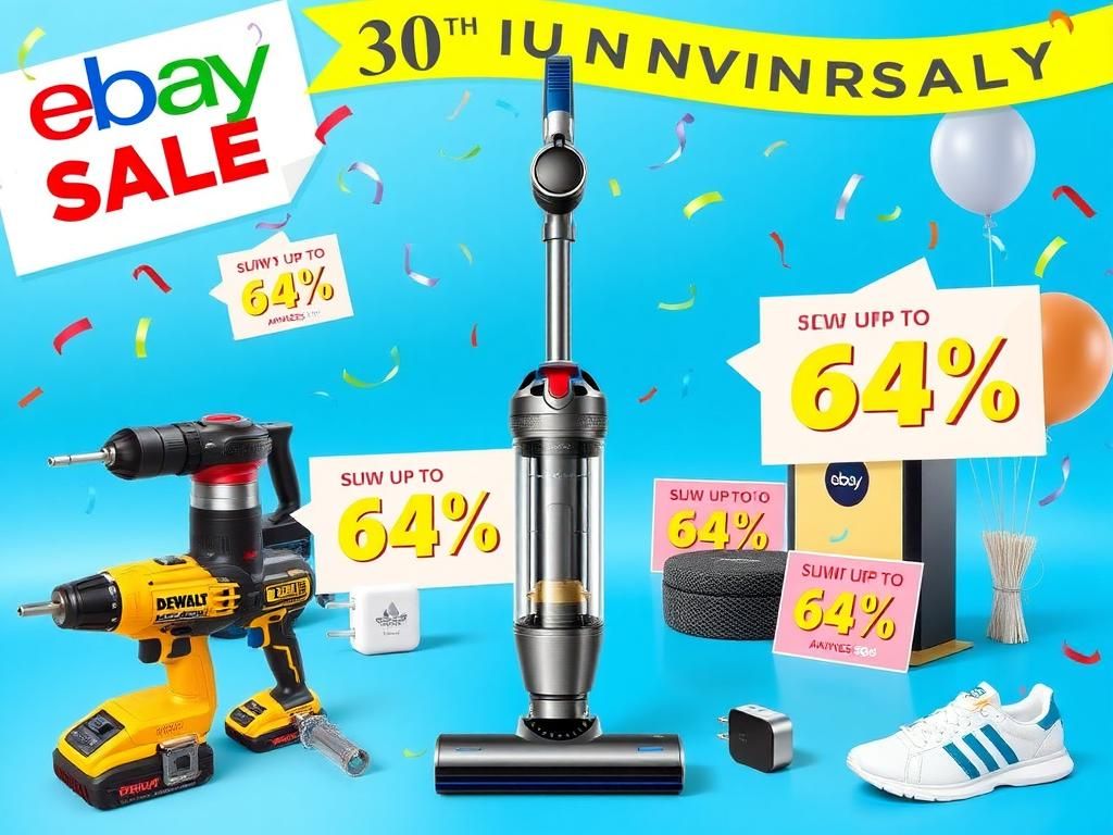 Flick International A vibrant collage of top-brand products on sale for eBay's 30th anniversary featuring a Dyson vacuum, DeWalt tool, Anker charger, and Adidas shoes amidst colorful banners.