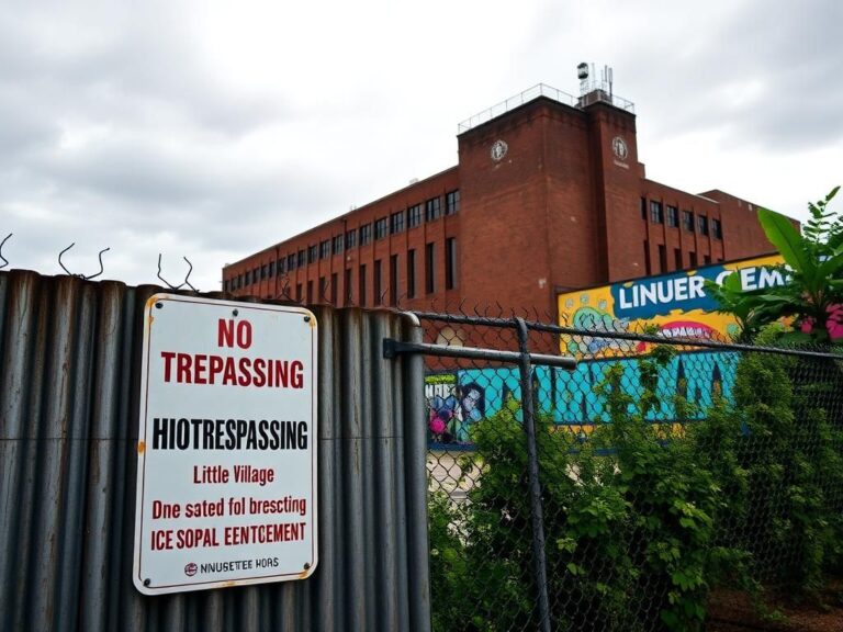 Flick International A distant view of the Mauser Packaging plant in Little Village, showcasing a 'No Trespassing' sign and the surrounding industrial landscape.