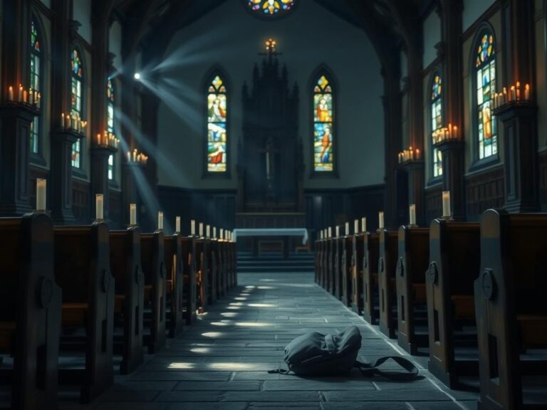 Flick International Interior view of a solemn Catholic church with empty pews and flickering candles
