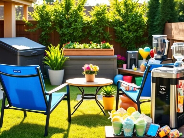 Flick International A vibrant outdoor patio setup with blue zero-gravity chairs and decorative flowers showcasing Walmart's Labor Day sale.