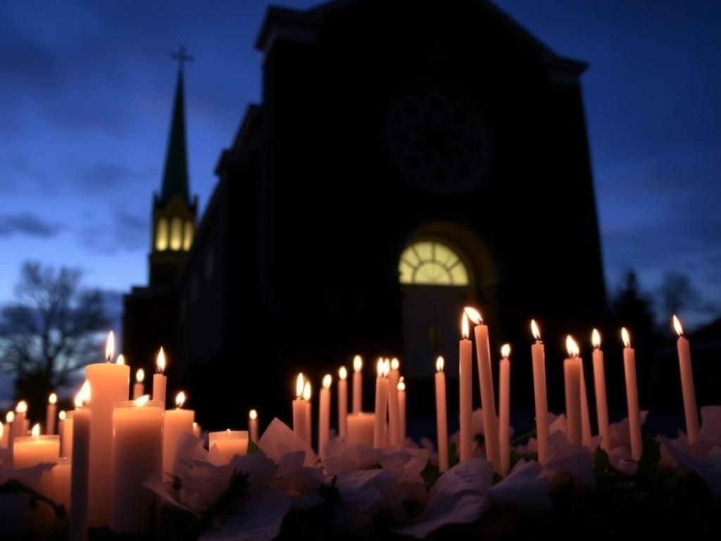 Flick International Candlelit vigil outside a Catholic church symbolizing hope and remembrance