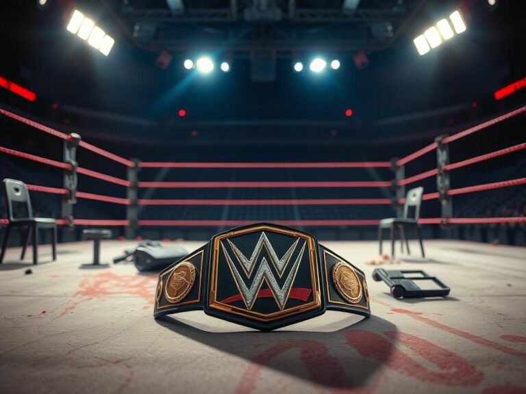 Flick International Intense scene in a wrestling ring with the Undisputed WWE Championship belt after a fierce battle between John Cena and Cody Rhodes