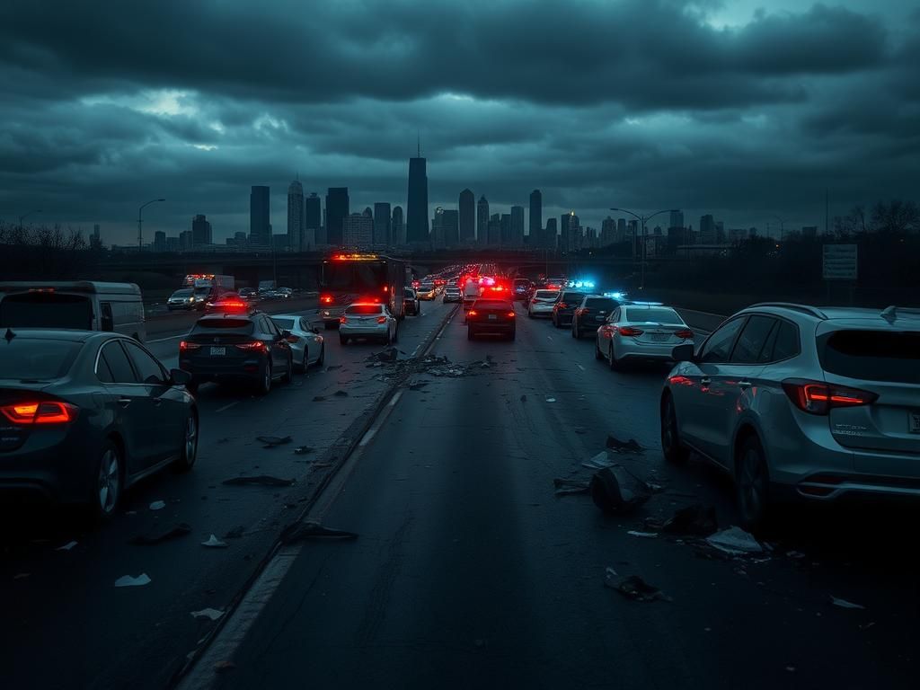Flick International A chaotic highway scene in Dallas depicting a serious crash aftermath with damaged cars and scattered debris
