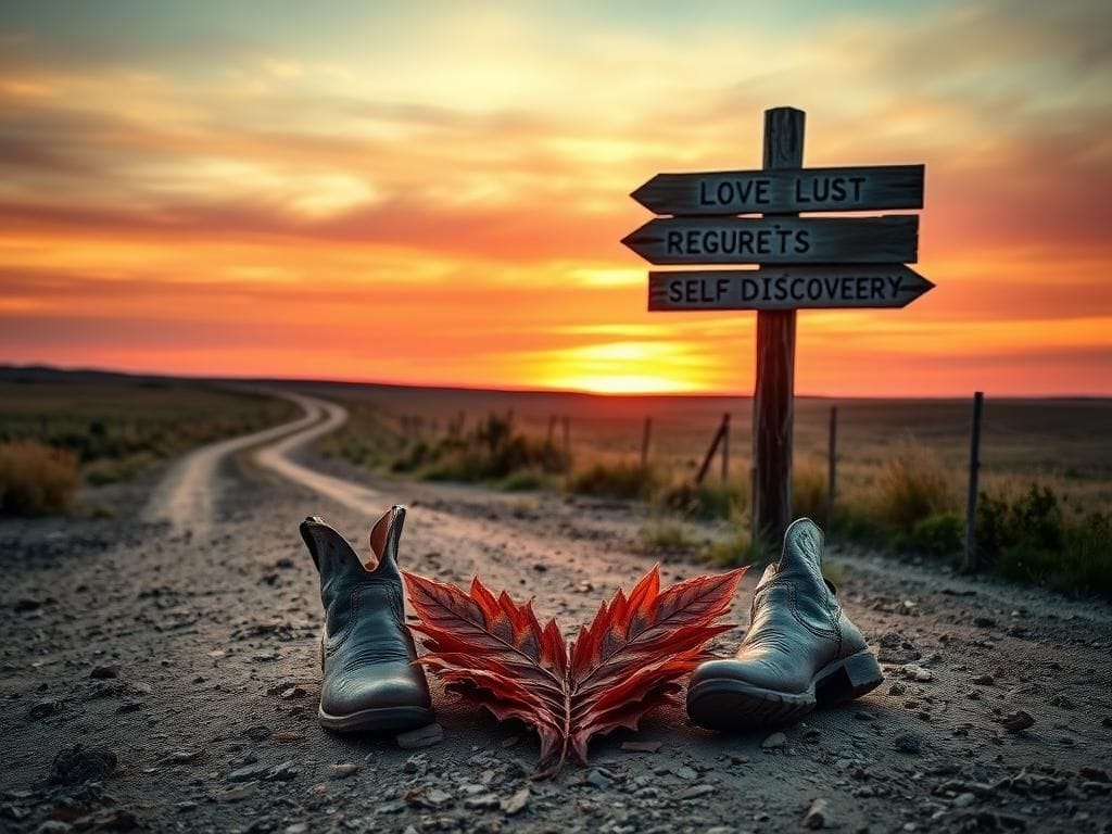 Flick International A broken heart shaped from dried leaves on a dirt road in a sunset country landscape