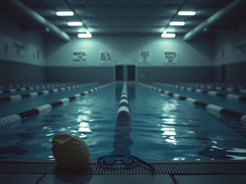 Flick International A quiet college swimming pool with women's swim caps and goggles, symbolizing emotional disturbance and contemplation