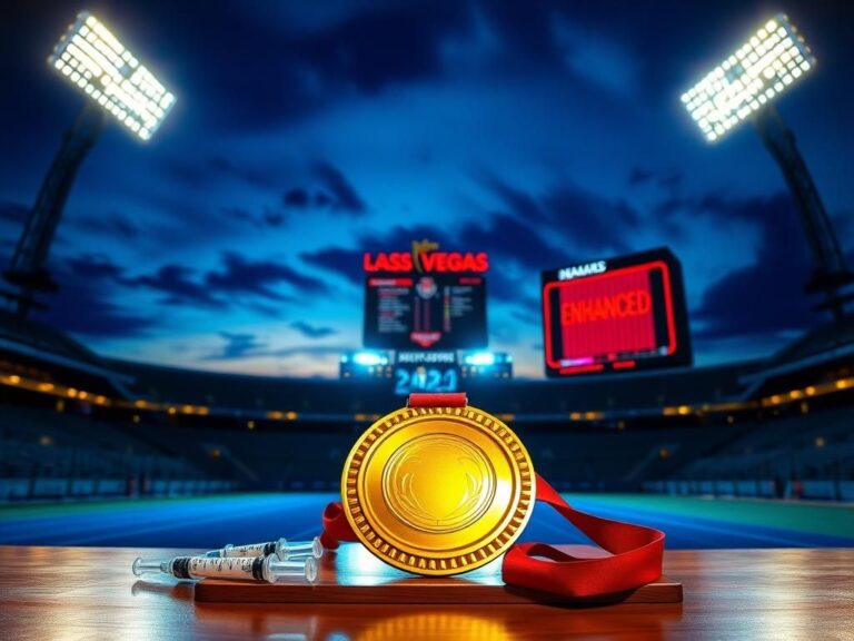Flick International A gold medal on a podium with syringes and vials highlighted against the Las Vegas skyline