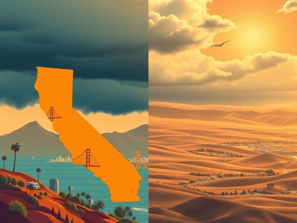 Flick International Illustration depicting California's proposed division into two states, showcasing vibrant coastal regions on one side and rugged inland terrain on the other.