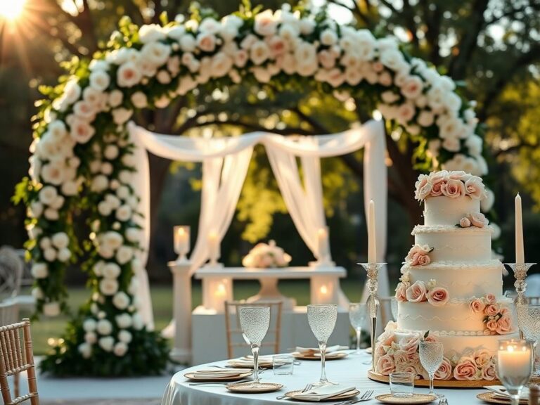 Flick International Elegant wedding reception setup with tiered cake and floral arch