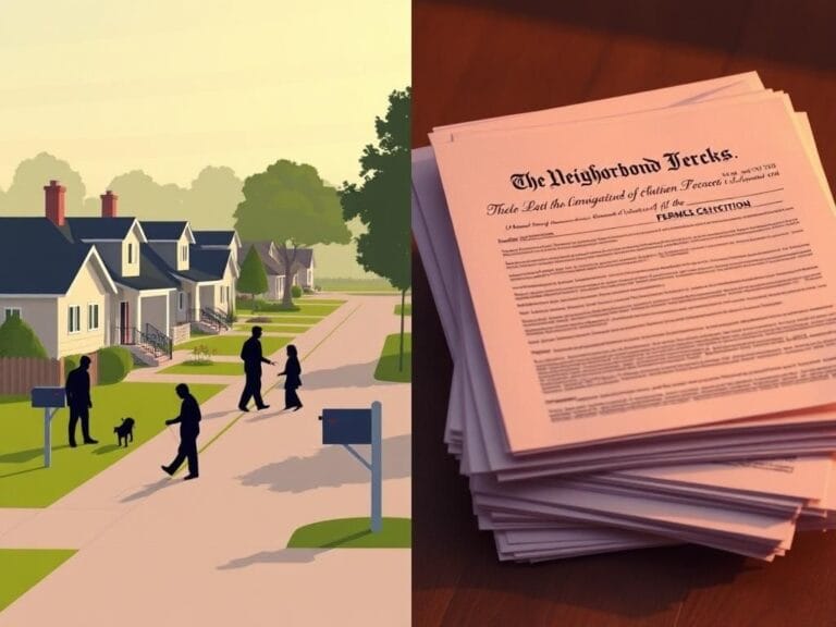 Flick International Split scene showing a serene suburban neighborhood juxtaposed with immigration paperwork symbolizing scrutiny