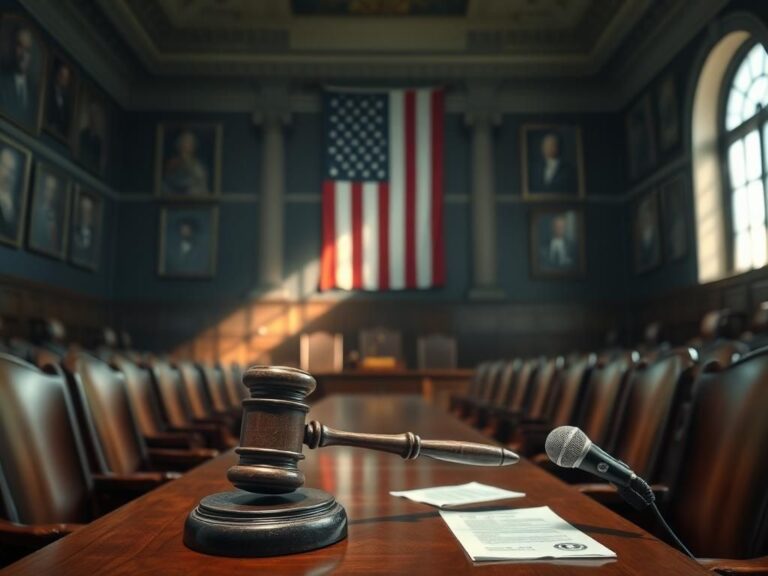 Flick International A dimly lit Senate chamber with wooden chairs and a gavel symbolizing political debate