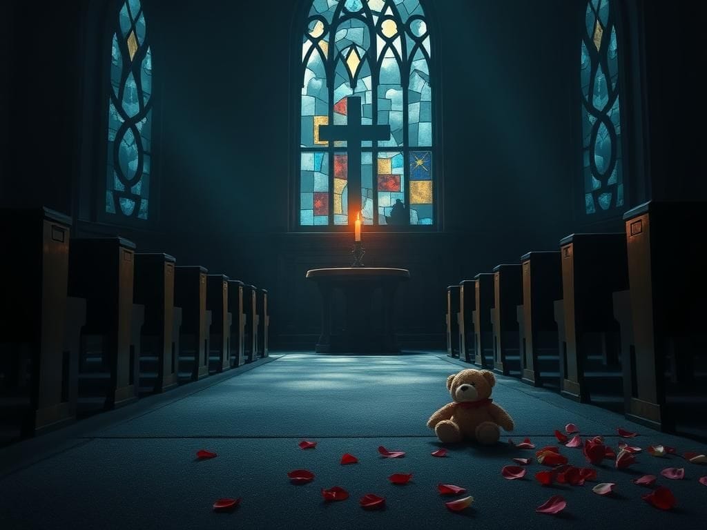 Flick International Interior of a church with empty pews and a flickering candle, symbolizing hope and sorrow following the Minneapolis mass shooting
