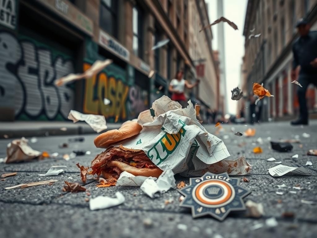 Flick International Half-eaten Subway sandwich on the pavement amid urban chaos