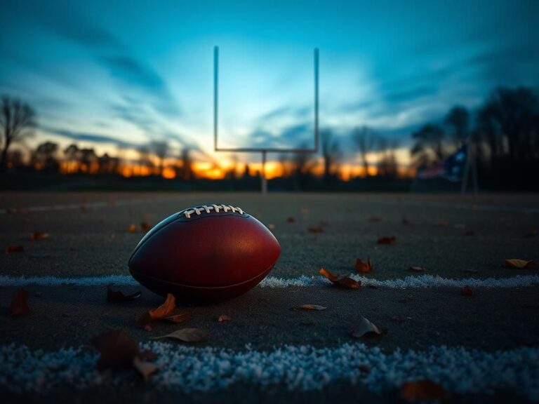 Flick International Deserted football field at twilight with a weathered football and Patriots jersey