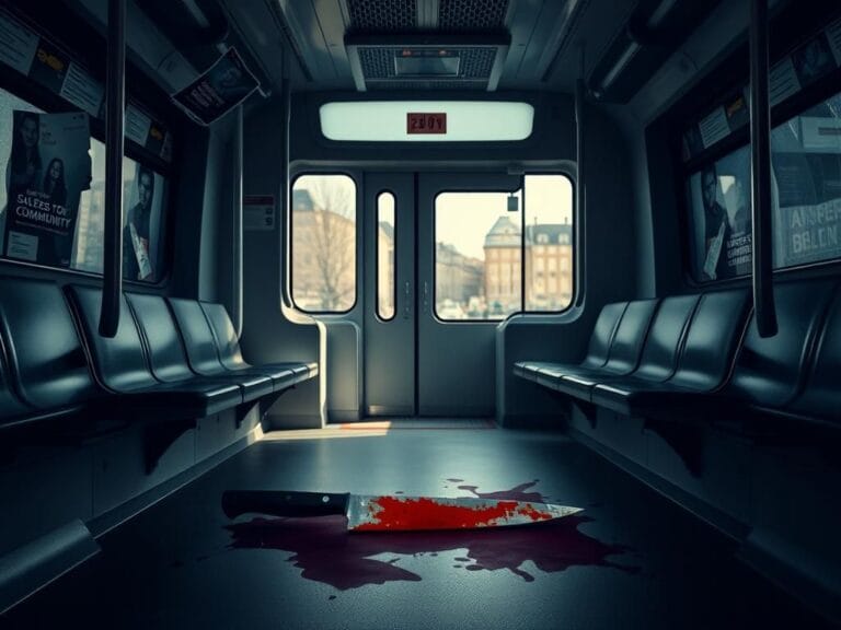Flick International Dramatic interior of an empty German tram with a knife and bloodstains on the floor