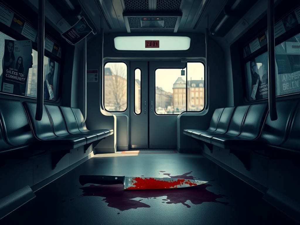 Flick International Dramatic interior of an empty German tram with a knife and bloodstains on the floor