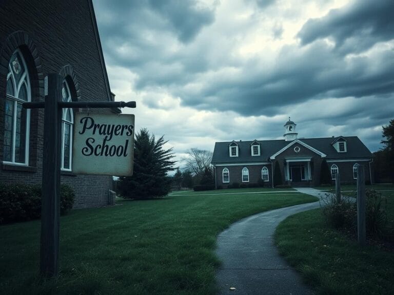 Flick International Exterior view of a gothic-style church school with stained glass windows, surrounded by a green lawn and a 'Prayers' sign, reflecting community grief.