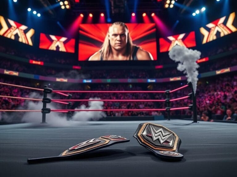 Flick International Dramatic scene in a WWE arena with an empty ring, discarded championship belts, and a blurred cheering crowd in the background