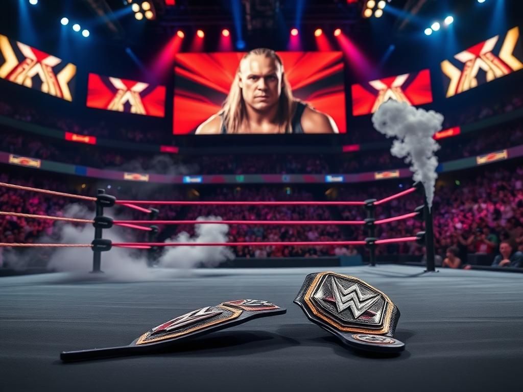 Flick International Dramatic scene in a WWE arena with an empty ring, discarded championship belts, and a blurred cheering crowd in the background