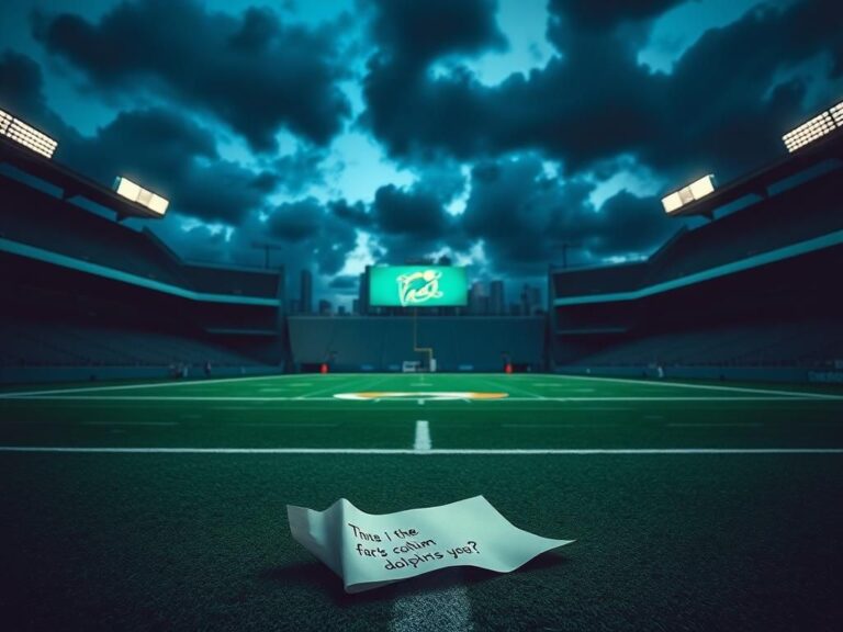 Flick International Somber scene of Miami Dolphins stadium at dusk, showcasing empty field and stormy skies
