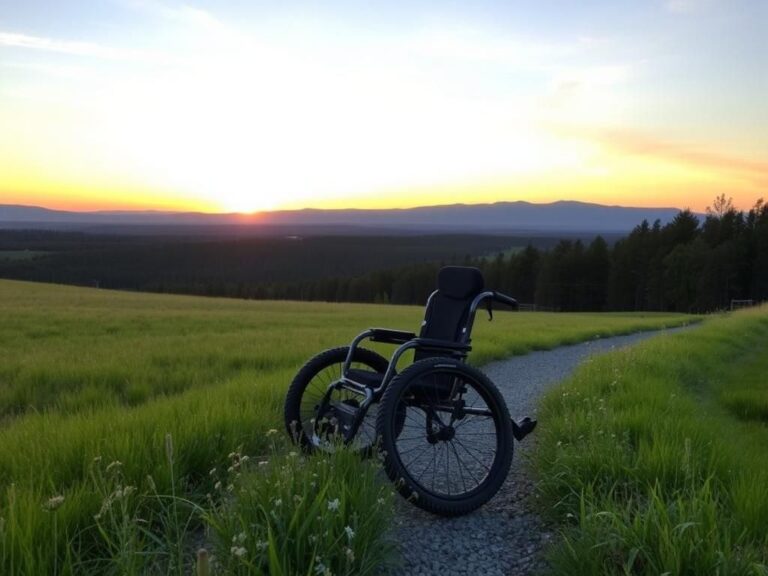 Flick International Serene outdoor landscape featuring a rugged all-terrain Trackchair on a gravel path, symbolizing freedom and resilience for veterans.