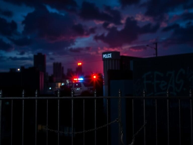 Flick International A tense urban landscape of Los Angeles at night, featuring silhouetted buildings and metal bars symbolizing imprisonment