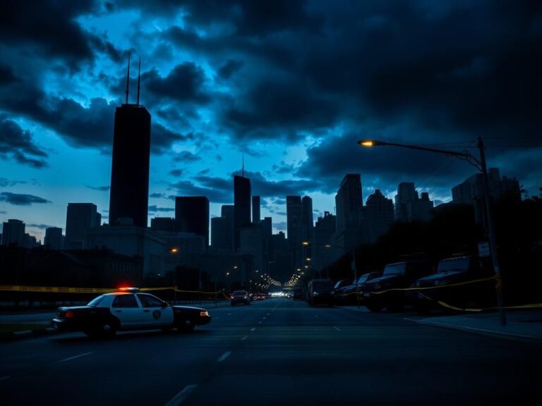 Flick International Chicago skyline at dusk with police tape and abandoned police car