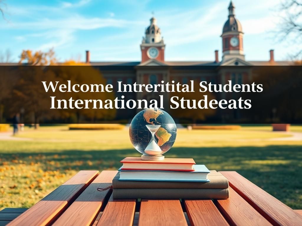 Flick International A serene university campus landscape with a clock tower and stacks of textbooks symbolizing education for international students.