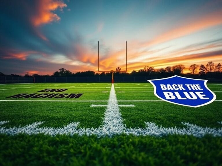 Flick International Close-up view of an NFL end zone featuring contrasting messages of 'End Racism' and 'Back the Blue' against vibrant green turf during twilight.