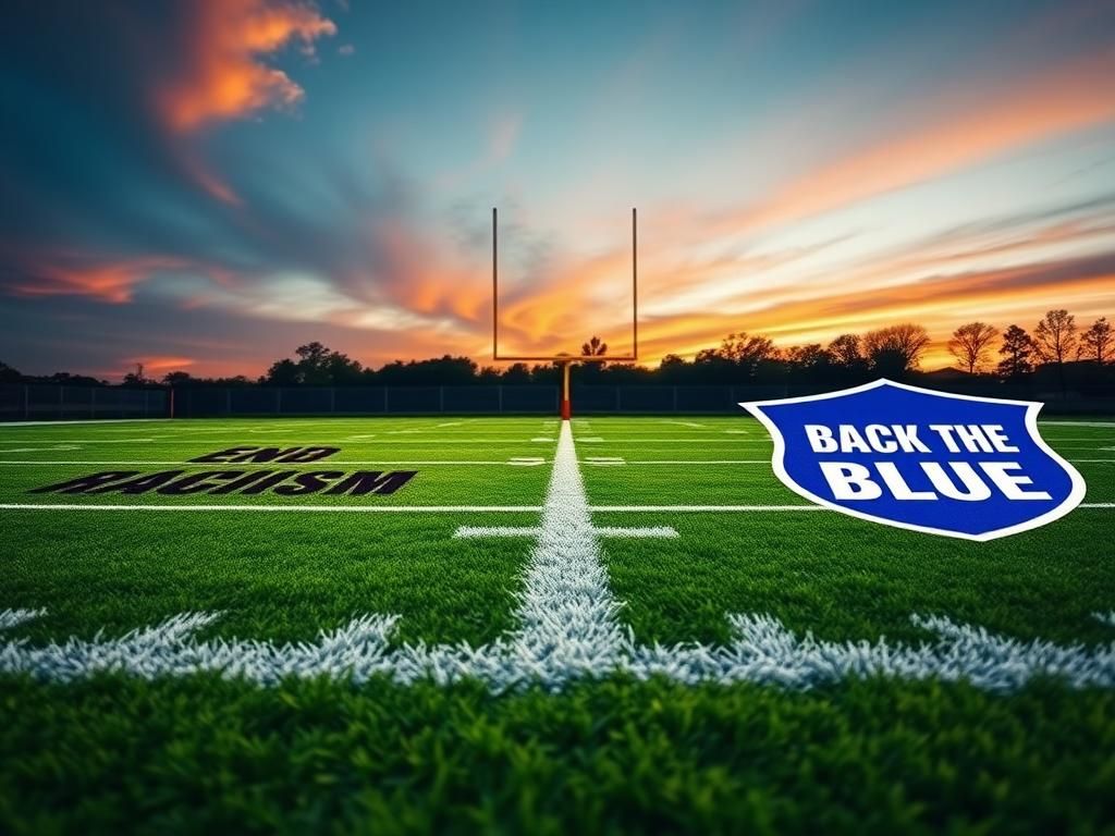 Flick International Close-up view of an NFL end zone featuring contrasting messages of 'End Racism' and 'Back the Blue' against vibrant green turf during twilight.