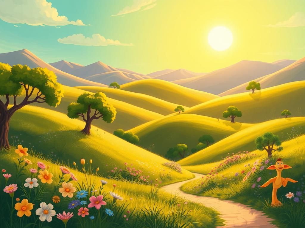 Flick International A vibrant, hand-drawn animated landscape depicting a sunlit ancient world with rolling hills and blooming flowers.