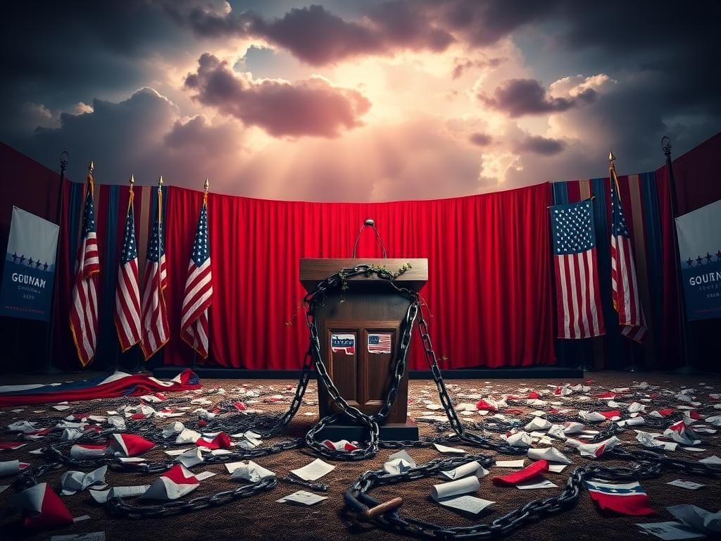 Flick International A dramatic political stage with American flags and campaign banners illustrating political turmoil