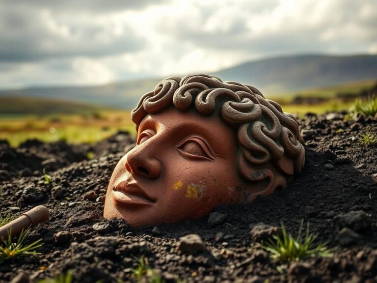 Flick International Close-up of a weathered ancient stone head with curly hair and a faint smile found at Skaill Farm