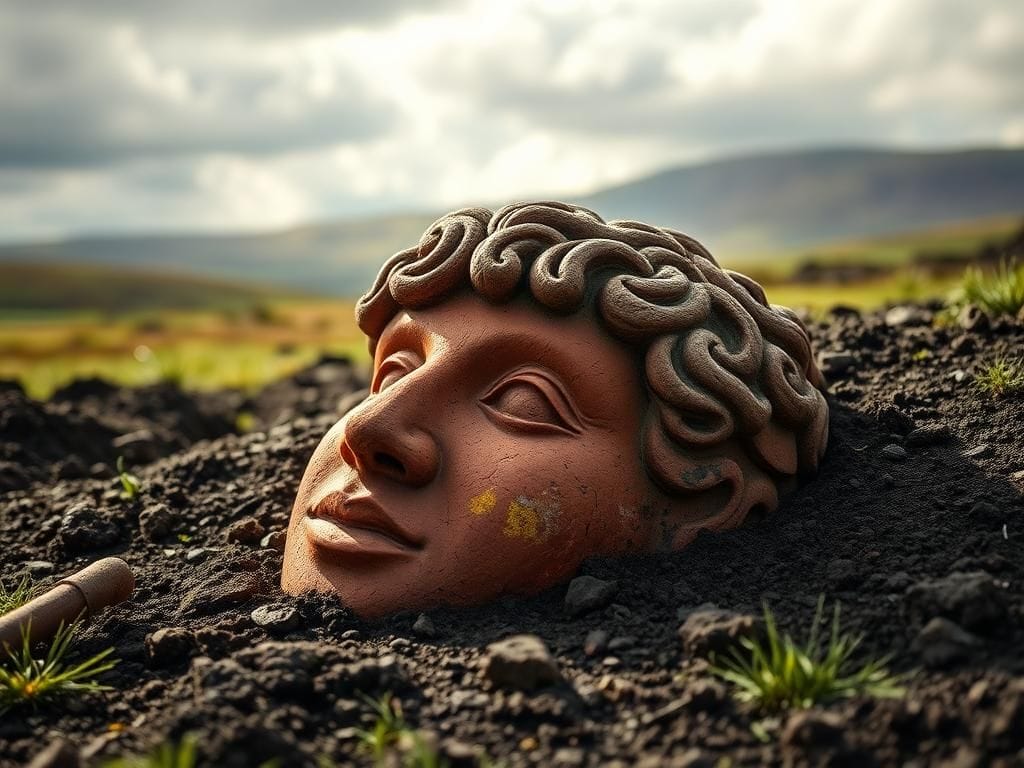 Flick International Close-up of a weathered ancient stone head with curly hair and a faint smile found at Skaill Farm