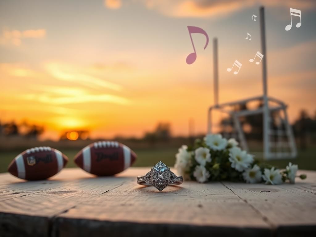 Flick International A sparkling diamond engagement ring on a rustic wooden table surrounded by flowers and a beautiful sunset
