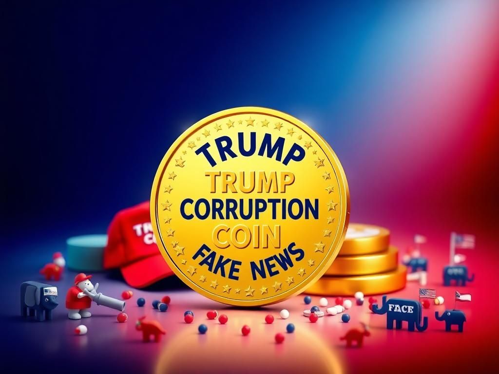 Flick International Shiny gold coin featuring humorous political references with a gradient blue and red background