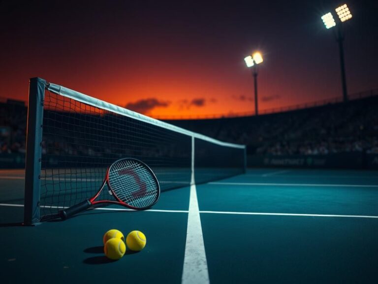 Flick International A dramatic sunset scene on a tennis court, highlighting the tension after the match between Taylor Townsend and Jelena Ostapenko.