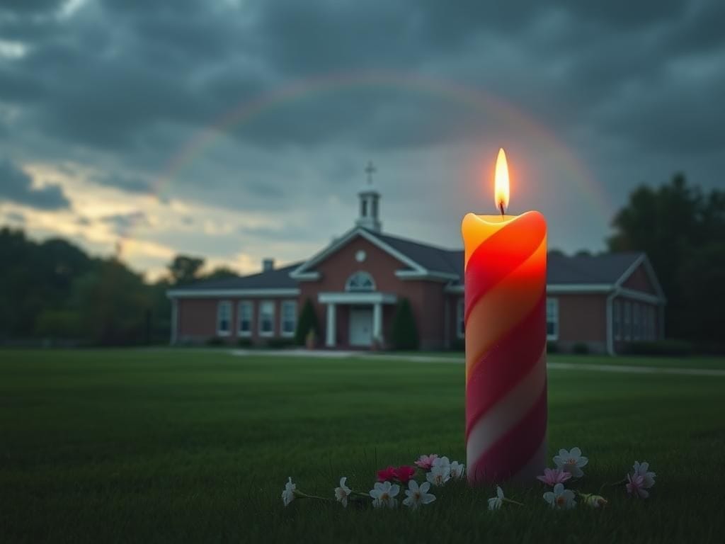 Flick International A serene Catholic school surrounded by a lush green landscape, with a lit prayer candle in the foreground symbolizing hope amid tragedy.