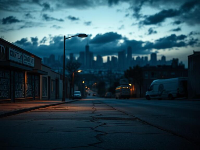 Flick International A somber urban landscape at dusk with a deserted street and graffiti-covered wall highlighting safety concerns
