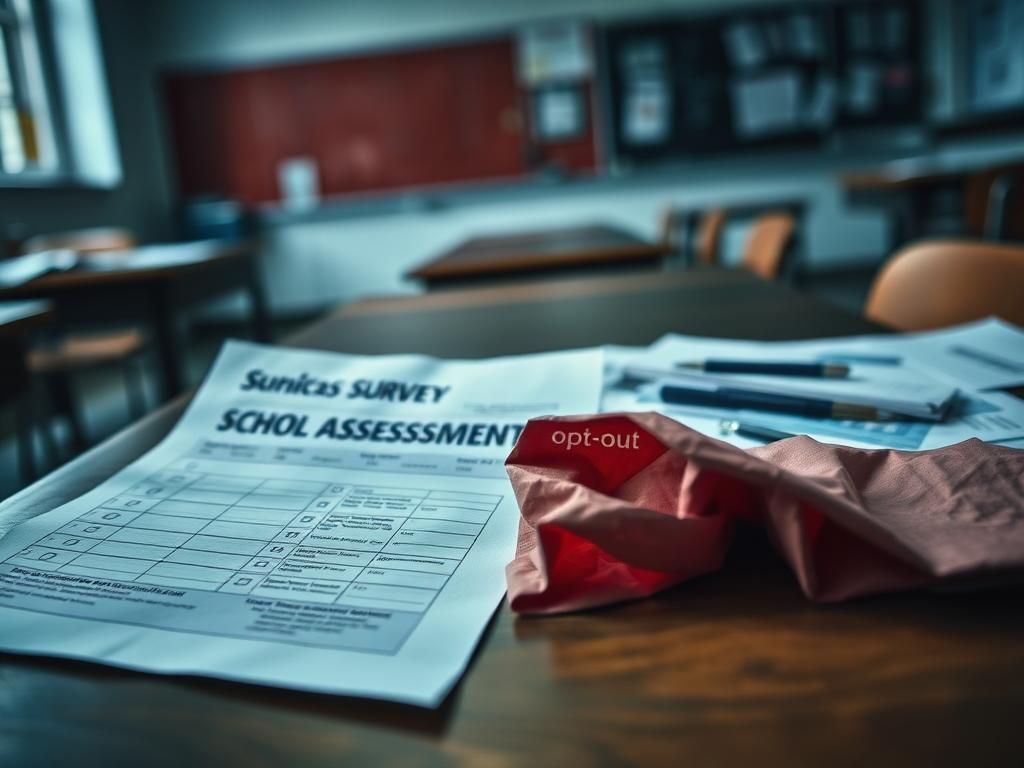 Flick International Close-up of a cluttered school desk with a survey sheet suggesting sensitive topics