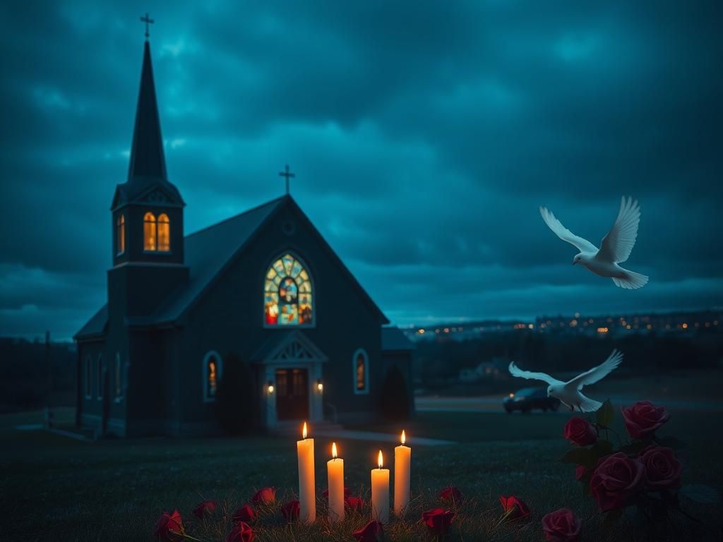 Flick International Exterior of a dimly lit Catholic church in Minnesota after a tragic shooting incident