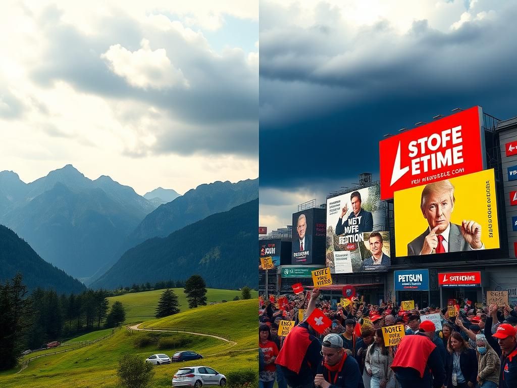 Flick International Split landscape showing serene Swiss mountains and vibrant urban chaos representing modern political campaigning