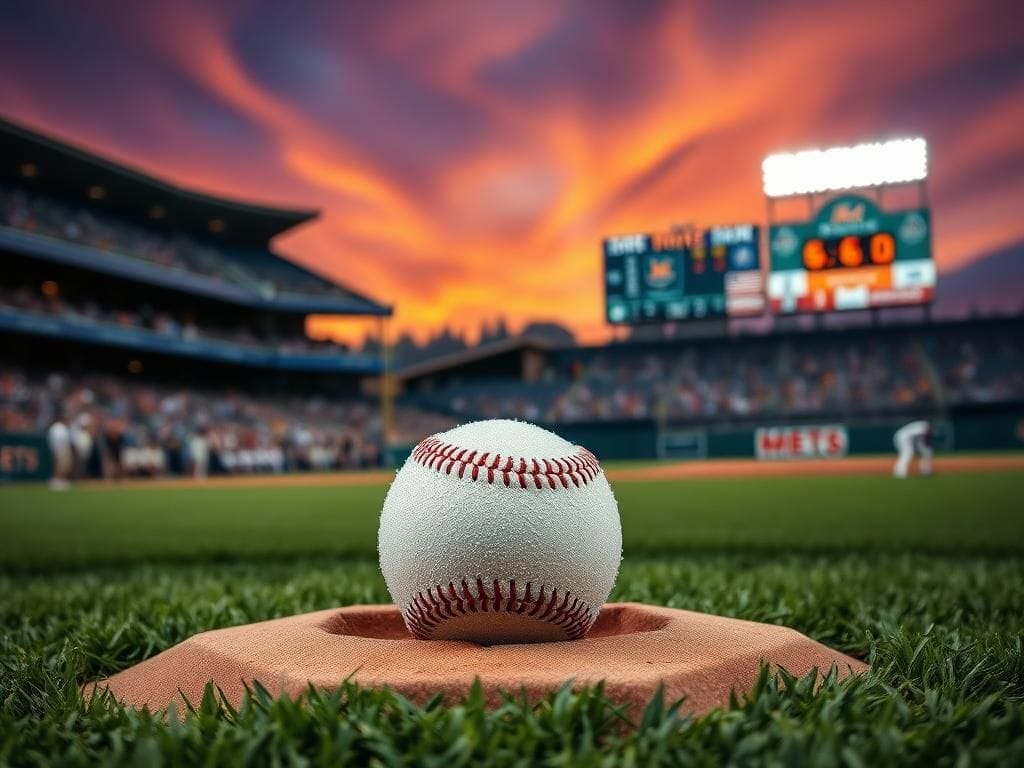 Flick International Baseball diamond at night with a fresh baseball on the pitcher's mound