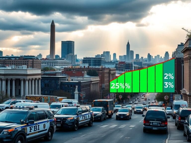 Flick International A bustling urban scene in Washington, D.C. featuring federal law enforcement vehicles and a chart showing decreased crime statistics.