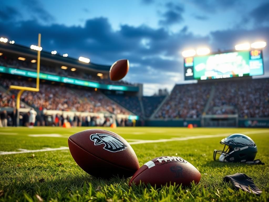 Flick International A vibrant scene of a football stadium with an intercepted ball in mid-air, showcasing the excitement of a Super Bowl-winning season.