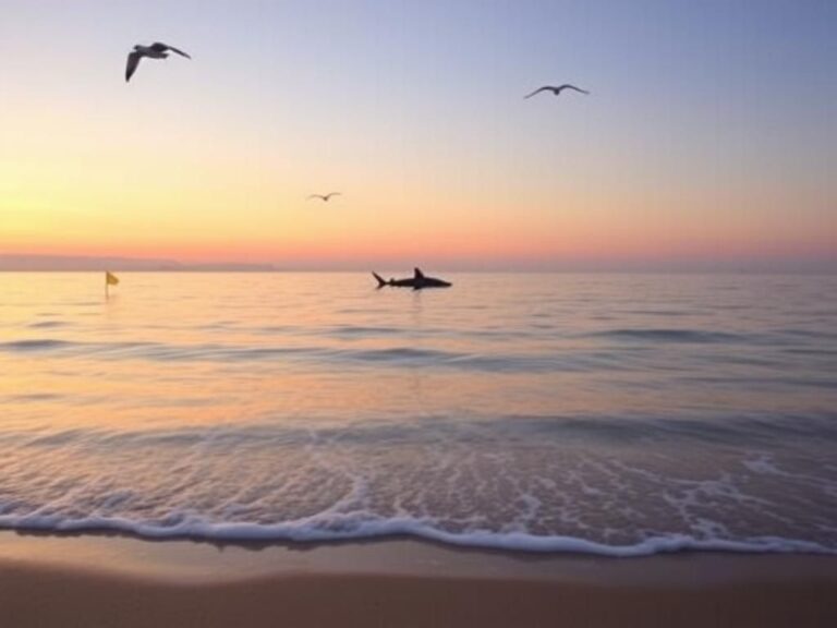 Flick International Great white shark swimming under calm waters at a Northeast beach during sunset