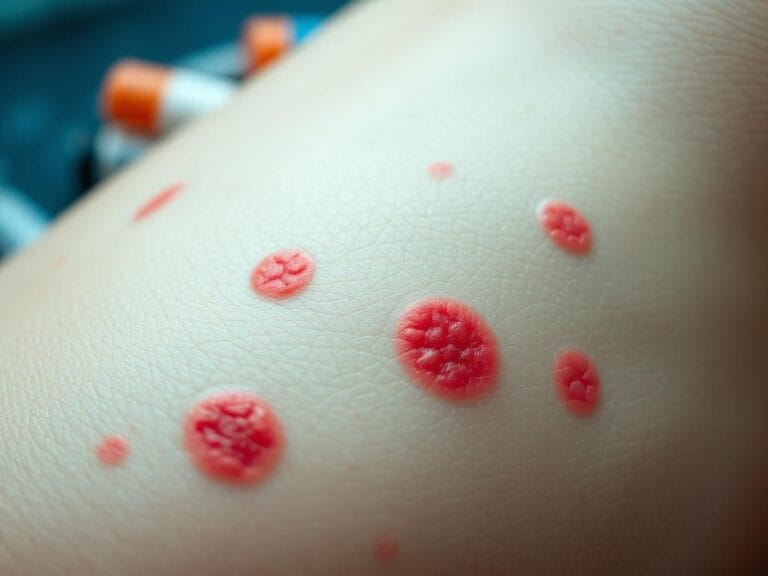 Flick International Close-up of textured skin surface exhibiting red patches and lumps representing hidradenitis suppurativa.